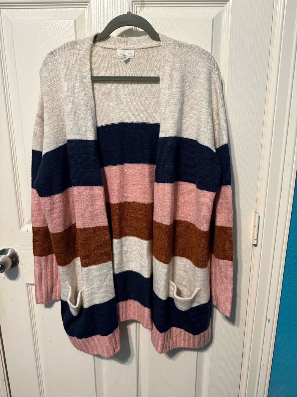 Caslon- Striped Open-Front Cardigan Sweater in Pink, Navy, Brown & Cream